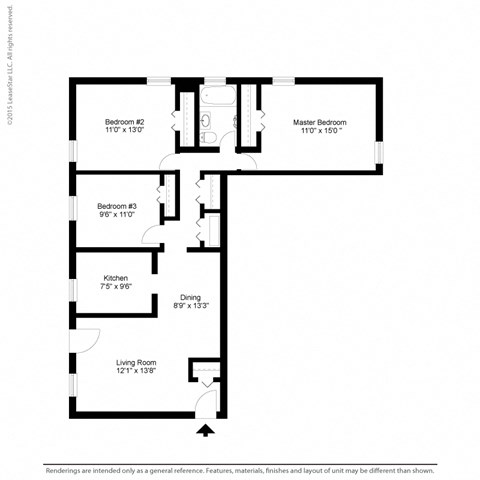 Floor plan for 3 beds, 1 bath, 854 sqft